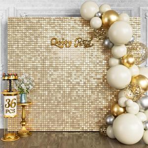 Qcity Champagne Gold Shimmer Wall Backdrop 36PCS, Black Back Not See-Through Design, Square Sequin Glitter Backdrop Panel, Perfect for Outdoor Events, Birthdays, Wedding and Party Decoration