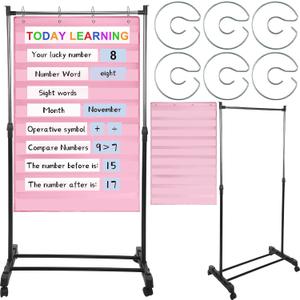 8 Pcs Adjustable Pocket Chart Stand Set Include 1 Standard Pocket Chart 6 Replacement Rings and 1 Adjustable Stand for Classrooms Home Teacher Lessons Educational Tools (Pink)