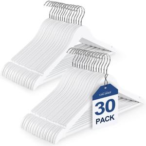 TOPIA HANGER Wooden Coat Hangers 30 Pack, White Wood Suit Hangers with Non Slip Pants Bar, 360 Swivel Hook and Shoulder Notches for Camisole, Jacket, Pants, Smooth Finish Clothes Hangers -CT34W30