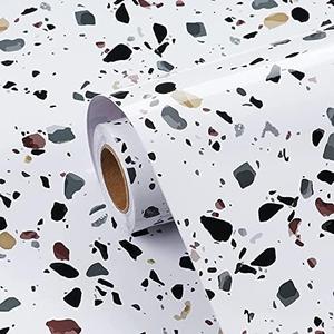 FunStick 24"x200" Terrazzo Contact Paper Peel and Stick Countertops for Kitchen Waterproof White Granite Countertop Contact Paper Self Adhesive Terrazzo Wallpaper for Table Desk Backsplash Removable