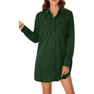LYANER Women's Casual Button Down Shirt Dress Collared V Neck Long Sleeve Mini Dresses (Green, XXL)