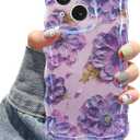 Jusy Compatible with iPhone 15, Colorful Retro Oil Painting Printed Flower Laser Glossy Pattern Cute Curly Wave Phone Case Soft TPU Cover for Girly Women - Purple