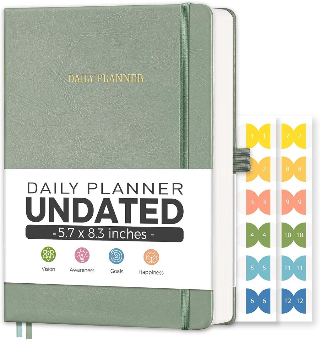LOAPEM Daily Planner Undated, Appointment Book for Hourly, Daily and Monthly, 365 Days, One Page a Day, Medium Size (5.7" x 8.3"), Leather Hardcover, 12 Self-adhesive Monthly Tabs (Light Green)