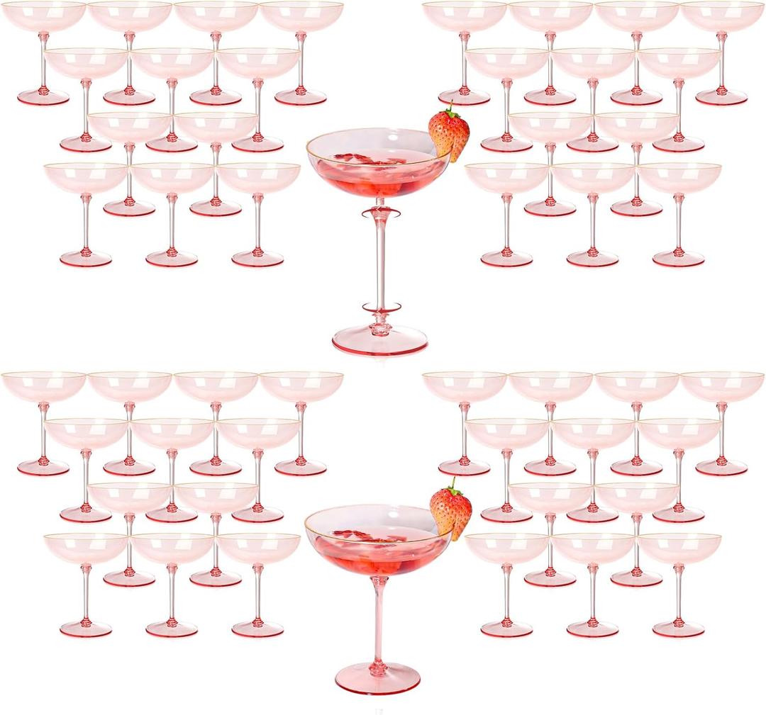 Detachable Martini Glasses 9oz Plastic Pink Champagne Coupe Glasses Gold Rim Hand Blown Vintage Cocktail Glassware Set Unique Martini Glass For Wine Wedding (100, Clear Pink)