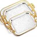 3 Pack Metal Serving Trays with Handles, Decorative Floral Platter Trays for Coffee Tea, Food, Dessert, Jewelry, for Buffet Wedding Party Kitchen Home Decor(Floral,Silver, Gold)