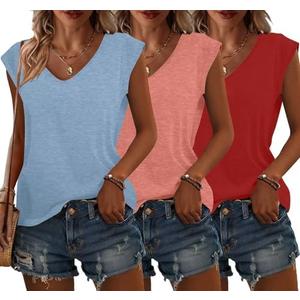 Bliwov 3 Pack Womens Cap Sleeve Tops V Neck T Shirts Summer Fall Outfits Plus Size Beach Vacation Fashion Tee Workout Clothes, XXL