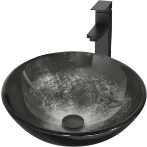 Bathroom Artistic Vessel Sink, Tempered Glass Vanity Round Bowl with Oil Rubber Bronze Faucet and Pop up drain Set, Black