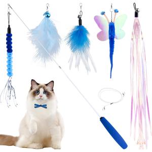 Cat Wand Toy for Indoor Cats 6PCS Fairy Feather Cat Toys with Retractable Fishing Pole Replaceable Feather Attachments Dragonfly Tassel Worm with Bells Cat String Kitten Toy Gift (Blue)