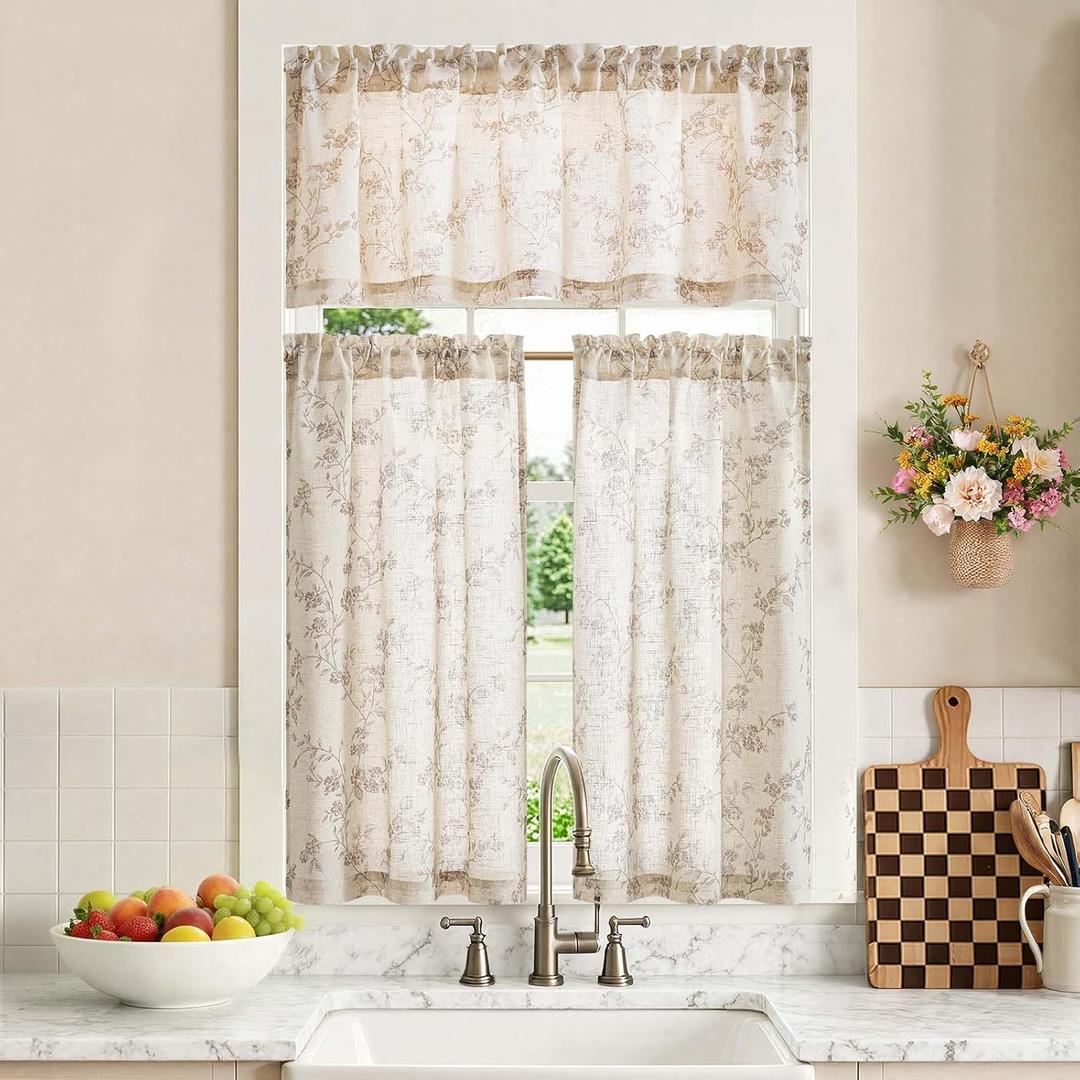 jinchan Floral Kitchen Curtains Set 36 Inch Length Farmhouse Linen Cafe Curtains and Valance Set for Living Room Bathroom Small Window Treatments Rod Pocket 3 Panels Taupe on Linen