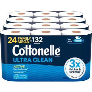 Cottonelle Ultra Clean Toilet Paper with Active CleaningRipples Texture, Strong Bath Tissue, 24 Family Mega Rolls = 132 Regular Rolls (4 Packs of 6)