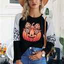 Graphic Shirts Women Pumpkin T Shirt Grateful Blessed Print Long Sleeve Blouse Leopard Striped Fall Tee (S)