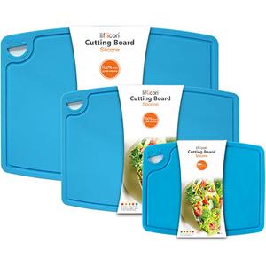 Liflicon Silicone Thick Cutting Boards Mats Set of 3pcs Foldable & Flexible Design Juice Grooves Easy Grip Handle Dishwasher Safe for Kitchen,BPA free ChifBlue