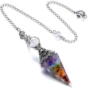 GEHECRST Natural 7 Chakra Healing Crystal Dowsing Pendulum Reiki Gemstone Chips Orgone Pendulum 6 Faceted Hexagonal Pointed Resin Spiritual Pendant for Divination, Wicca, Energy Balancing