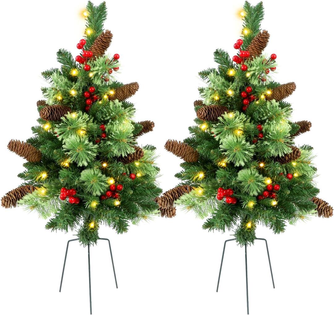 GUOOU Set of 2 Pathway Christmas Tree Urn Filler, Lighted Artificial Mini Xmas Trees with Lights, Outdoor Christmas Decorations for Porch, Driveway, Yard (9 Pine Cones)