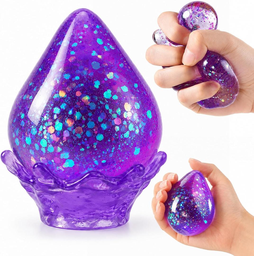 Dream Glitter Drop Squishy, Sugar Droplet Squishy Stress Ball, Water Drop Fidget Toy, Raindrop Squishy Sensory for Anxiety Relief, Slow Rising Squeeze Toy Gift for Birthday (Glitter Purple), 2.4 inches