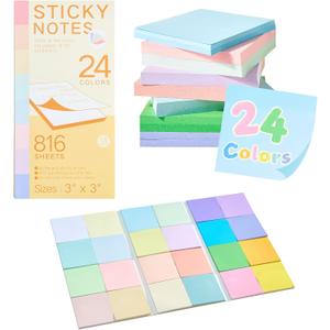 2 x 24 Colors Super Sticky Notes 3x3 Inches, 816 Sheets Repositionable Pads for Office, School, Home, Shopping List