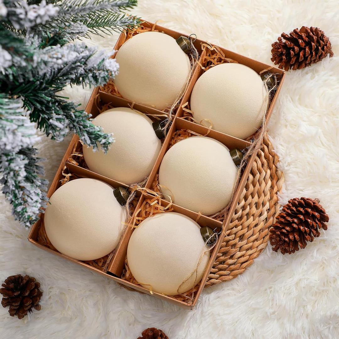 6 Pcs 4 Inch Flocked Velvet Christmas Tree Ball Ornament Glass Velvet Xmas Hanging Ornament Large Flocked Felt Decoration for Xmas Tree Wreath Home Garland Holiday Party Decor (White)