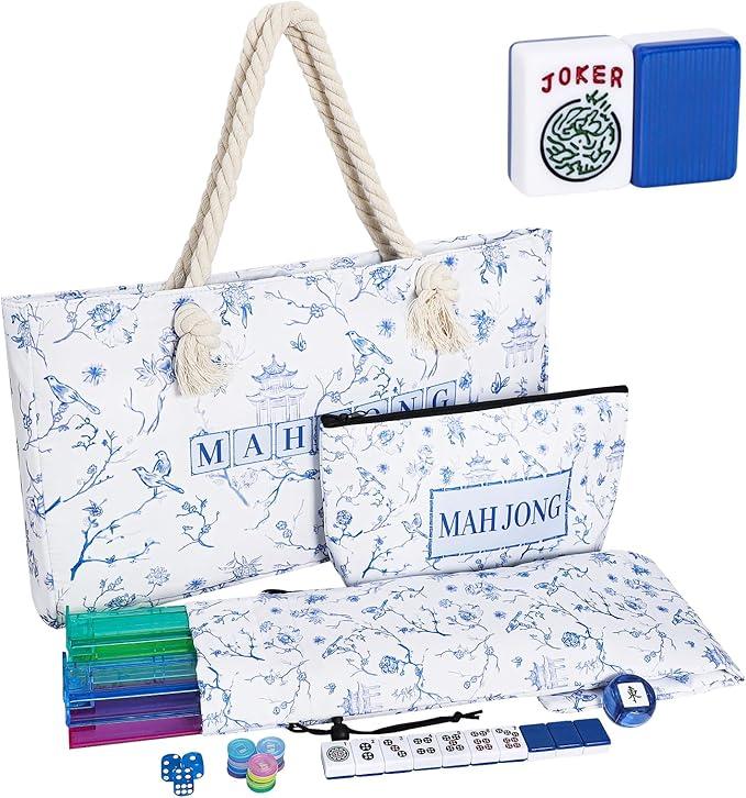 American Mahjong Game Set, 166 Blue Tiles (1.2”), 4 All-in-One Color Rack/Pushers & Drawstring Bag, Complete Mahjong Sets with Blue Printed Carrying Bag and Mahjong Tile Set Accessories