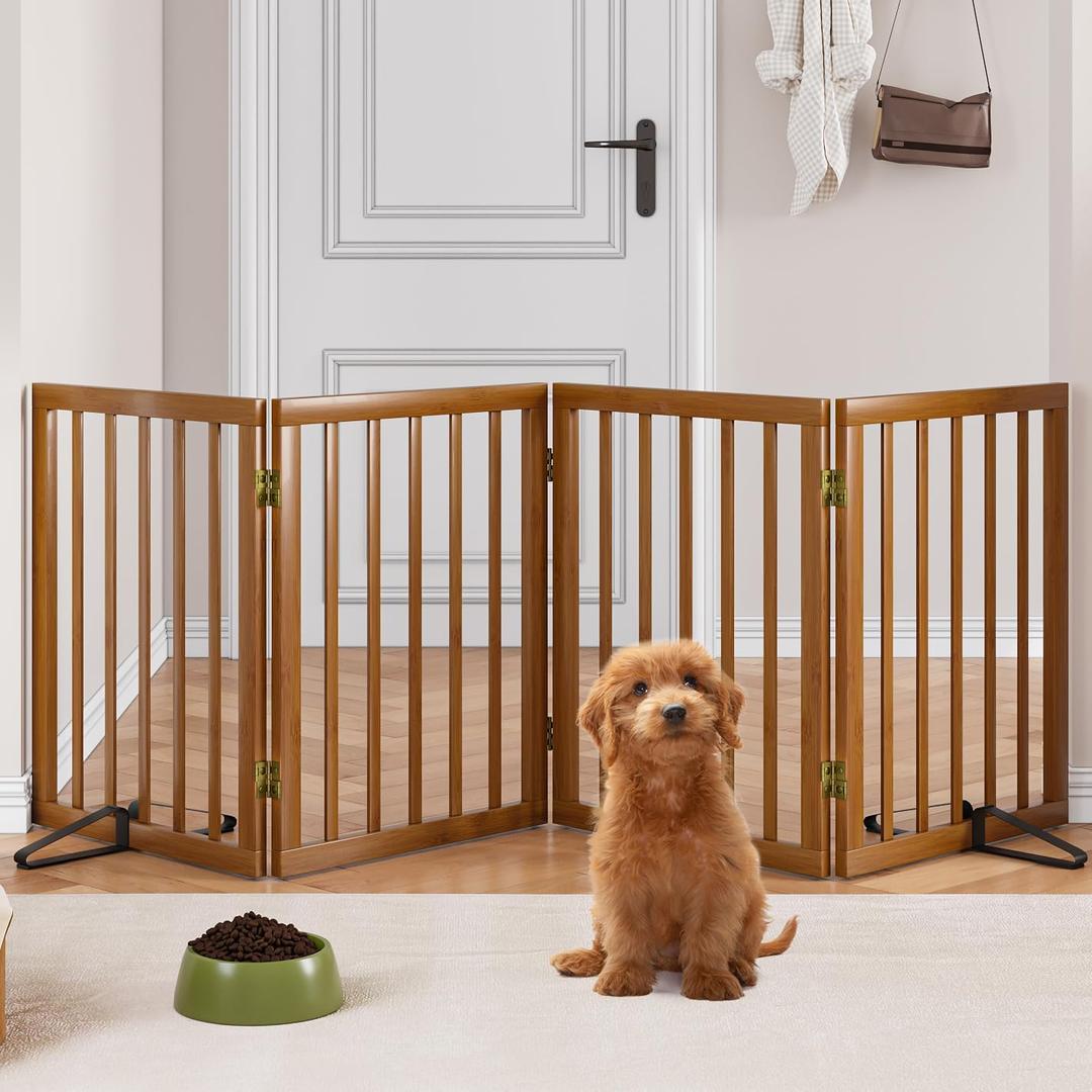 Freestanding Pet Gate Foldable 4 Panel Dog Gate Walnut Dog Gates for Stair Doorways House Indoor (2 Support Feet Included)