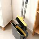 Broom and Dustpan Set with Long Handle - Upright Dustpan & 3 Rows Dense Bristles, Ideal for Home, Office, Kitchen, Lobby, Shop, All-Purpose Indoor & Outdoor Sweeping,Gray&Yellow
