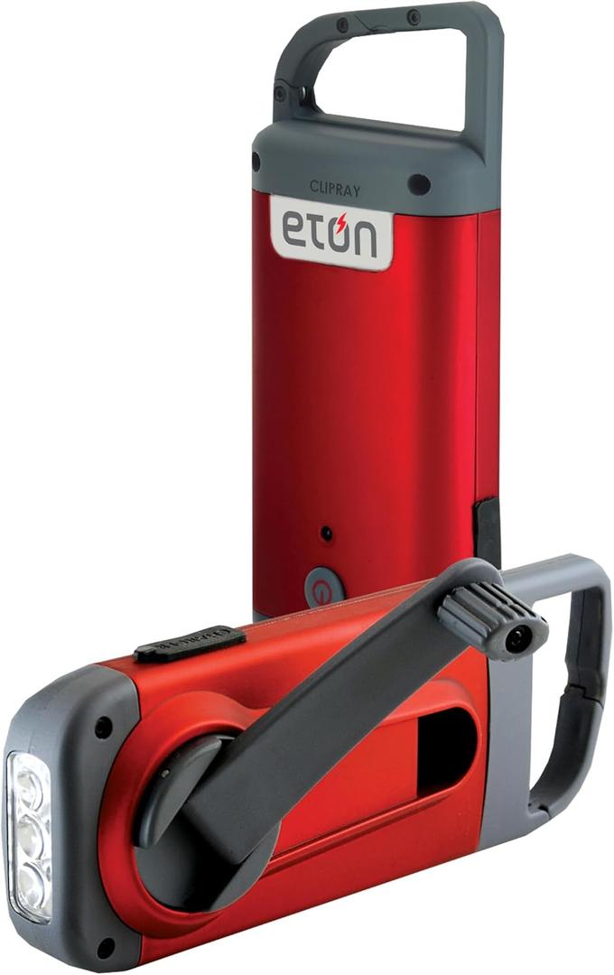 Eton Crank-Powered Clipray Flashlight & Smartphone Charger, Hand Crank Emergency Power, Portable LED Light with Carabiner Clip, Cherry Red (Single)