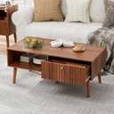 Coffee Table with Storage, Mid Century Dining Table with Fluted Drawer and Solid Wood Legs, Small Coffee Tables for Living Room, Walnut (Walnut(lsj011-wa))