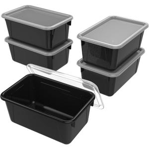 Storex Small Cubby Bins  Plastic Storage Containers for Classroom with Non-Snap Lid, 12.2 x 7.8 x 5.1 inches, Black, 5-Pack (62463U05C)