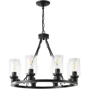 8-Light Wagon Wheel Pendant Chandelier, 23.6in, Height Adjustable, Farmhouse Black & Gold Chandelier with Faux Bubble Shade, Hanging Lighting Fixtures for Living Room, Dining Room, Kitchen & Foyer