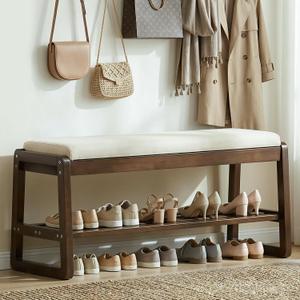 Shoe Rack Bench with Cushion, 2-Tier Entryway Bench with Storage for Front Entrance, Hallway Living Room Bedroom (Walnut, 39.4")