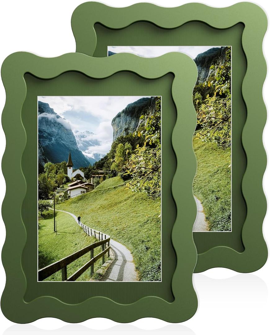 4x6 Wavy Picture Frame With Mat For 3.5x5, Wavy Edge Wooden Picture Frame with Real Glass - Wall Mount and Tabletop Display, Green, 2 Pack