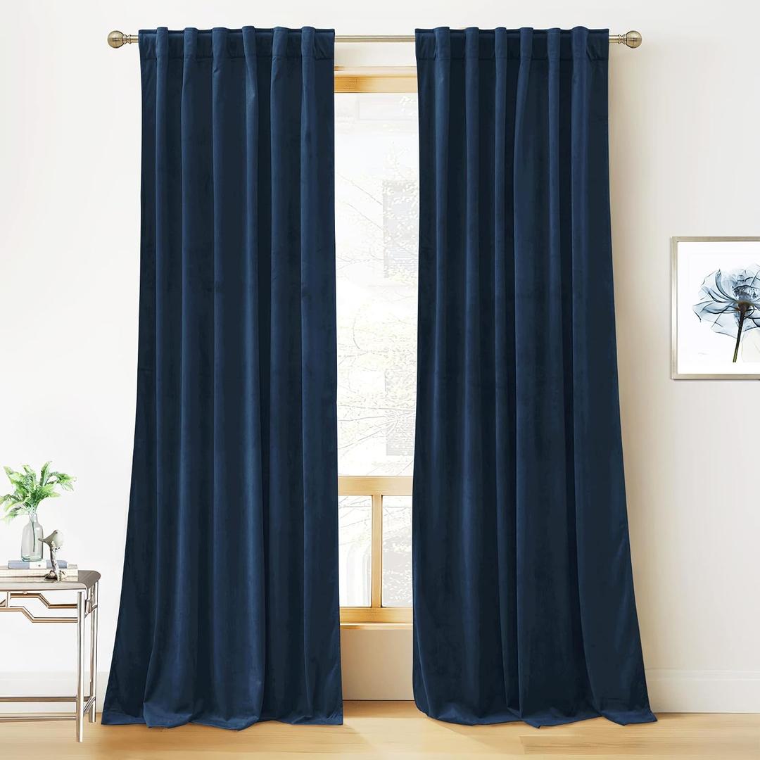 RYB HOME Velvet Curtains 108 inches - Blackout Curtains for Living Room,Thermal Insulated Noise Reducing Panel Soft Vertical Sense Window Decor for Cottage Farmhouse, Navy Blue, W52 x L108, 2 Panels