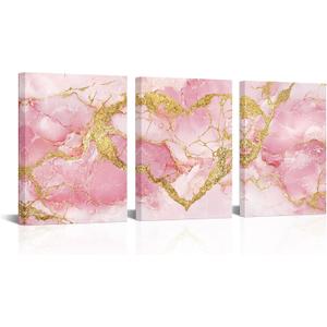 HOMEOART Gold Heart Painting Love Decor Picture Marble Prints Framed Canvas Wall Art Bedroom Living Room Decor, Framed Ready to Hang 12x16inch, 3Pieces (Pink)