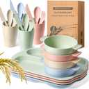 24 Pcs Wheat Straw Dinnerware Cutlery Set for Kids Toddler Aldult Including Divided Plates Microwave Dishwasher Safe Bowl Unbreakable Tableware Straw Cutlery Spoon Knife Fork(Beige/Pink/Green/Blue)