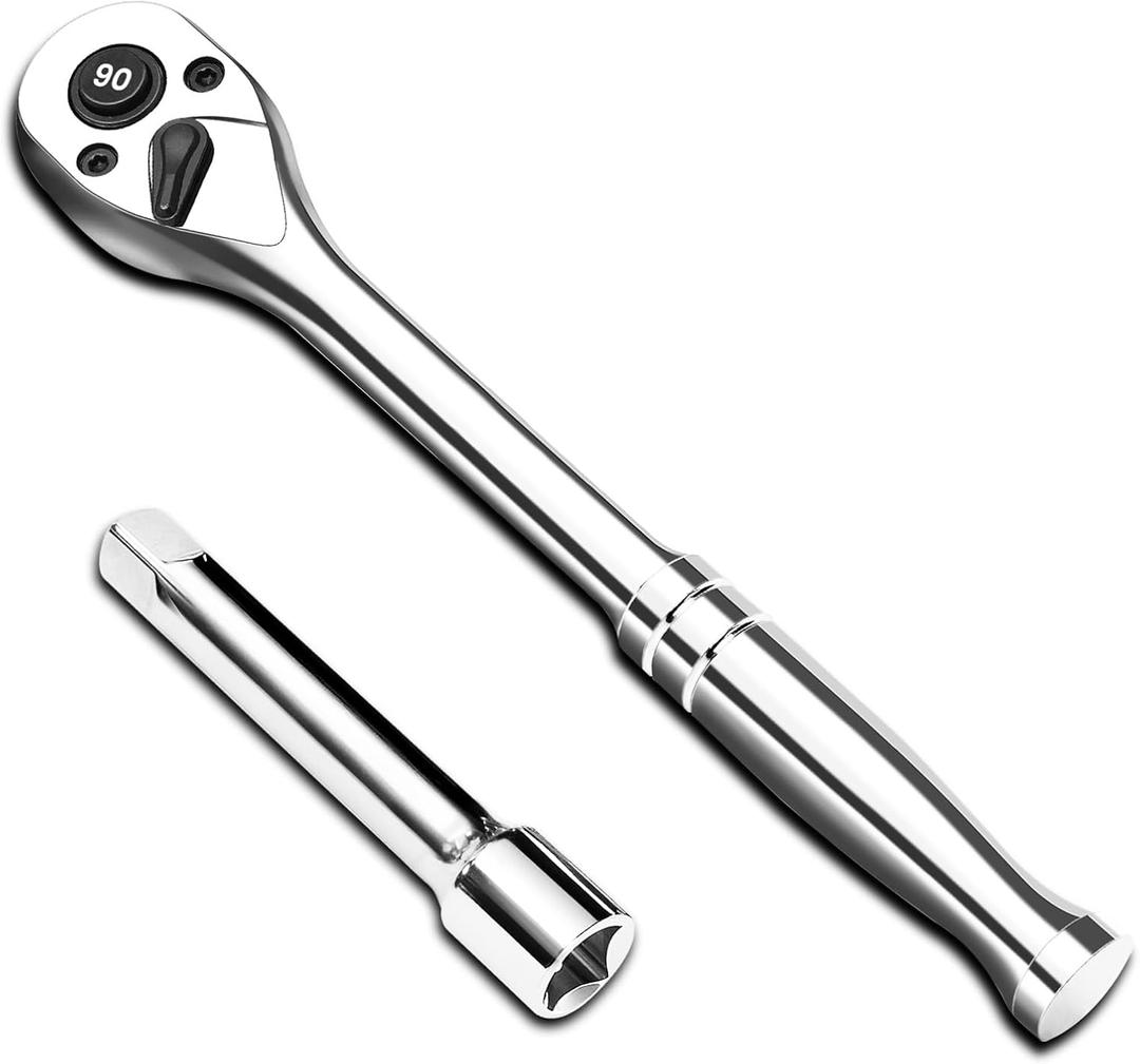 1/2-Inch Drive Ratchet Wrench, 90-Tooth Quick-release Reversible Ratchet Wrench with an Extension Bar(3 inch), 10" Long Socket wrench, 4-Degree Swing, Full Polished, Cr-Mo Head For Gifting, Repairing