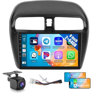 Hikity 4 Core 64G Android 15 Car Stereo for Mitsubishi Mirage 2012 2013 2014 2015 2016 2017 2018, 9 Inch Touchscreen Radio Wireless Carplay Android Auto GPS WiFi Bluetooth FM EQ Backup Camera