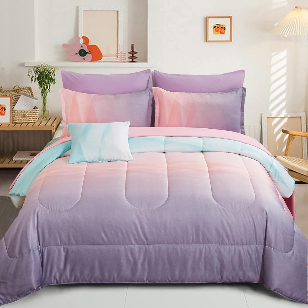 Dinjoy Girls Comforter Set Twin Size Colorful Ombre Blue Pink Purple Rainbow Bedding Set 6 Pieces Bed in A Bag for Kid Teen (1 Comforter, 1 Flat Sheet, 1 Fitted Sheet, 1 Pillow sham, 2 Pillowcases)