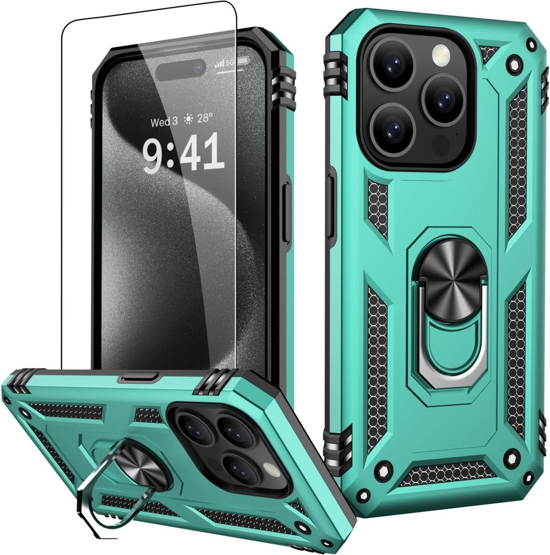 2 x IKAZZ for iPhone 15 Pro Case 6.1 Inch with Screen Protector,Military Grade Shockproof Heavy Duty Protective Phone Cover Pass 16ft Drop Test with Magnetic Kickstand Car Mount Holder,Turquoise