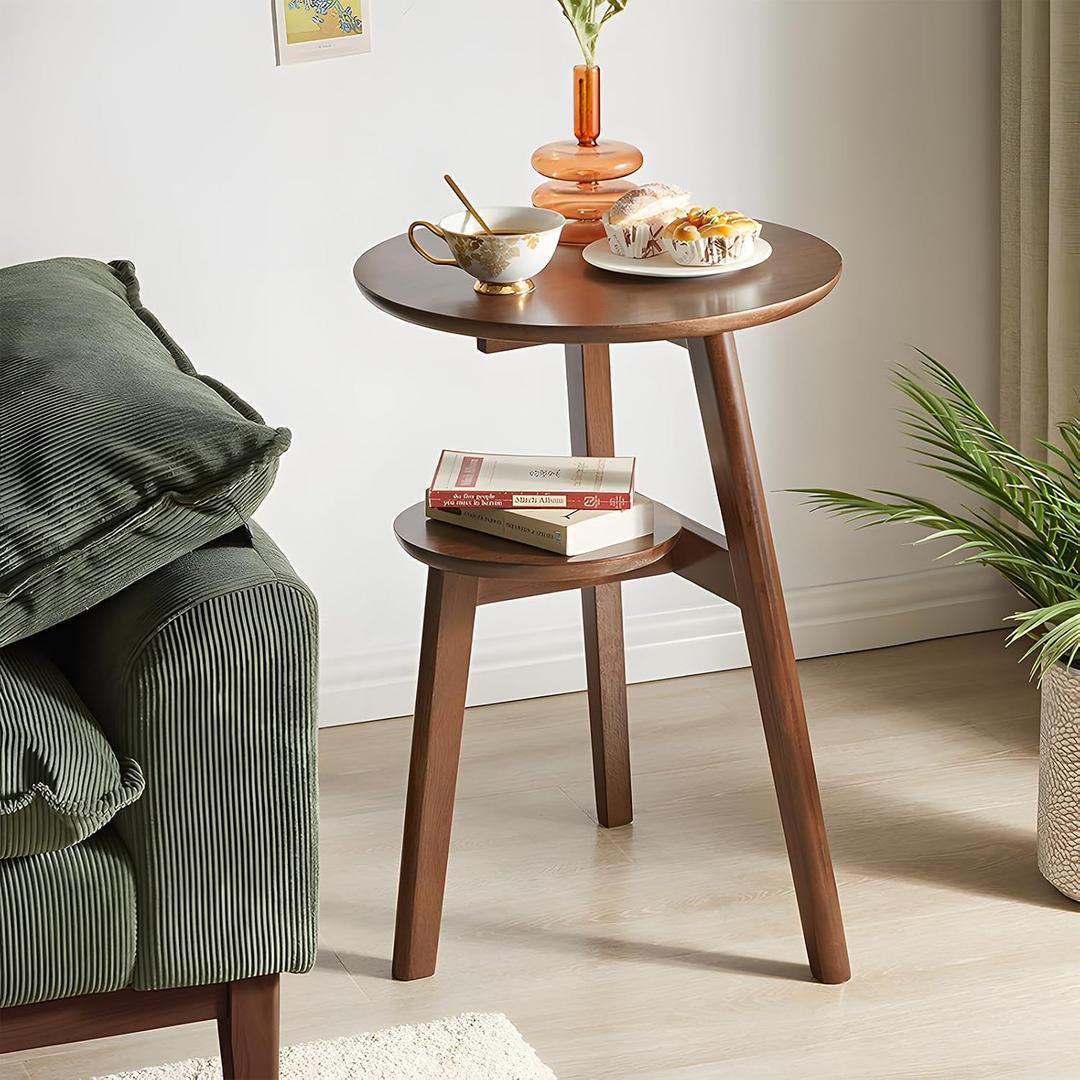 2-Tier Round Side Table, Solid Wood Mid Century Modern End Table, Walnut Nightstand with Storage Shelf for Living Room and Bedroom, 16.54" Dia x 23.62" H