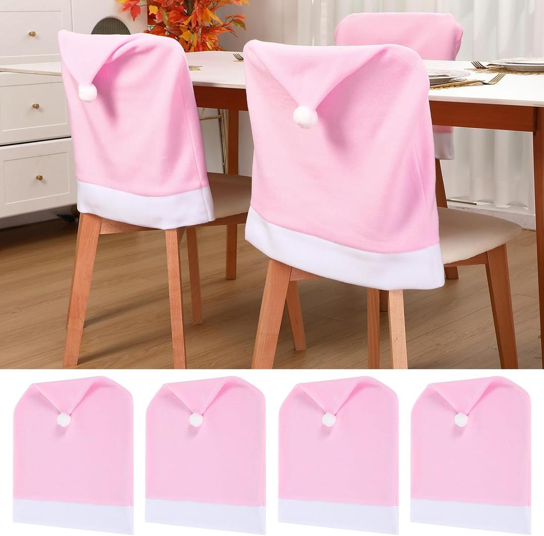 Christmas Chair Covers Set of 4 Santa Claus Hat Chair Back Covers Xmas Slipcover for Christmas Kitchen Dinning Room Decoration Table Decor(Pink)