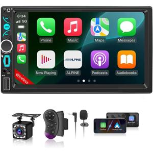 Wireless Double Din Car Stereo Apple Carplay Radio Screen for Car Audio Receivers, Bluetooth Car Play Android Auto 7" Touchscreen, Car Radio Support Bluetooth, SWC, Mirror Link, FM/AM, Type-C