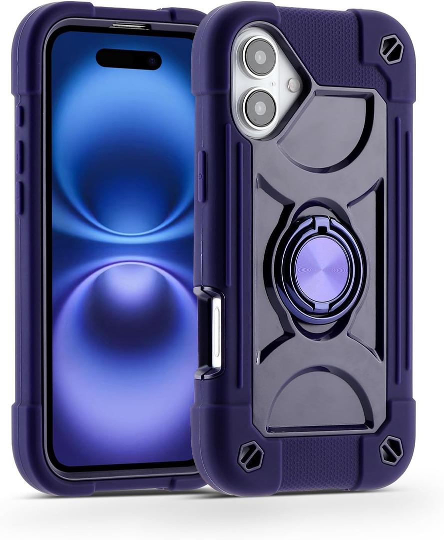 MARKILL Compatible with iPhone 16 Plus Case 6.7 Inch with 360 Degree Rotate Ring Stand, Military Grade Drop Protection Full Body Rugged Protective iPhone 16 Plus Case Kids (Deep Purple)