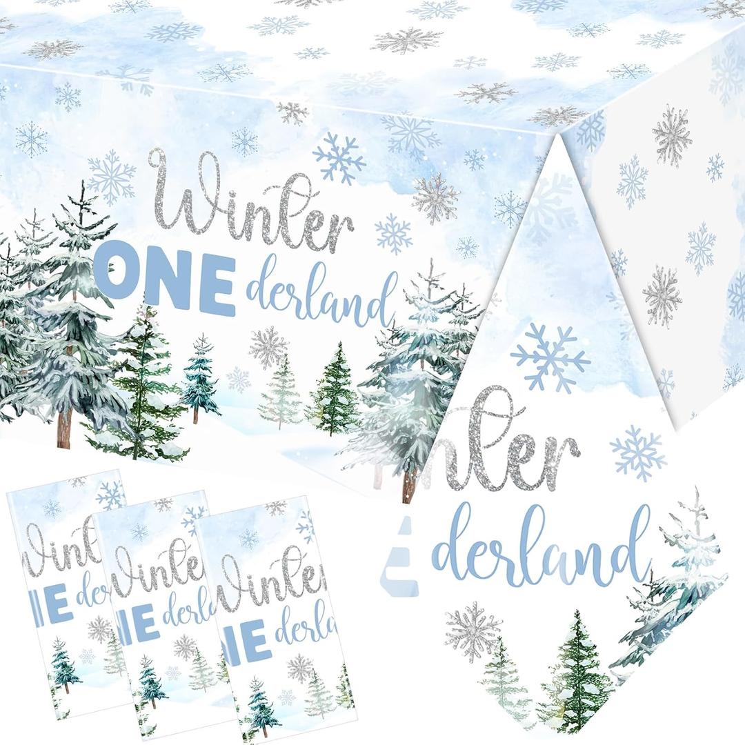 3Piecs Onederland 1st Birthday Boy Tablecloth, Disposable Blue Snowflake 1st Birthday Boy Table Cover Winter Wonderland Table Cloth for Wonderland Baby Shower Decorations