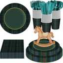 Sunnychicc 168 Pcs Green Blue Tartan Plaids Baby Shower Decorations We Can Bearly Wait Birthday Tableware Set Navy and Green Plaid Disposable Paper Plates Cups Utensils Serves 24
