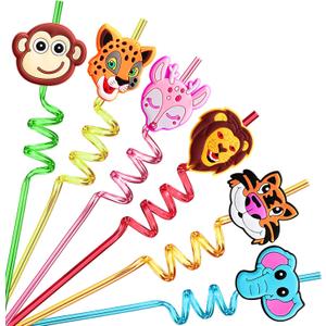3 x 24 Reusable Jungle Animal Straws for Lion Fox Safari Party Supplies Favors,Woodland Birthday Party Supplies Gift with 2 Cleaning Brushes