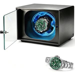 Single Watch Winder for Automatic Watches,Ultra-Quiet Japanese Motor,Premium Anodized Aluminum Watch Shaker with Soft Blue Light & Tempered Glass,Luxury Watch Case Gift for Men,Fits Rolex,Omega
