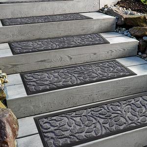 Aucuda Stair Treads Outdoor for Elders and Dogs on Wooden Steps, 30" x 8.5" (2pcs )Non Slip Stair Runner Rug Heat Insulation Rubber Backing, Gray Floral Staircase Mat Carpet for Indoor Grip Farmhouse.