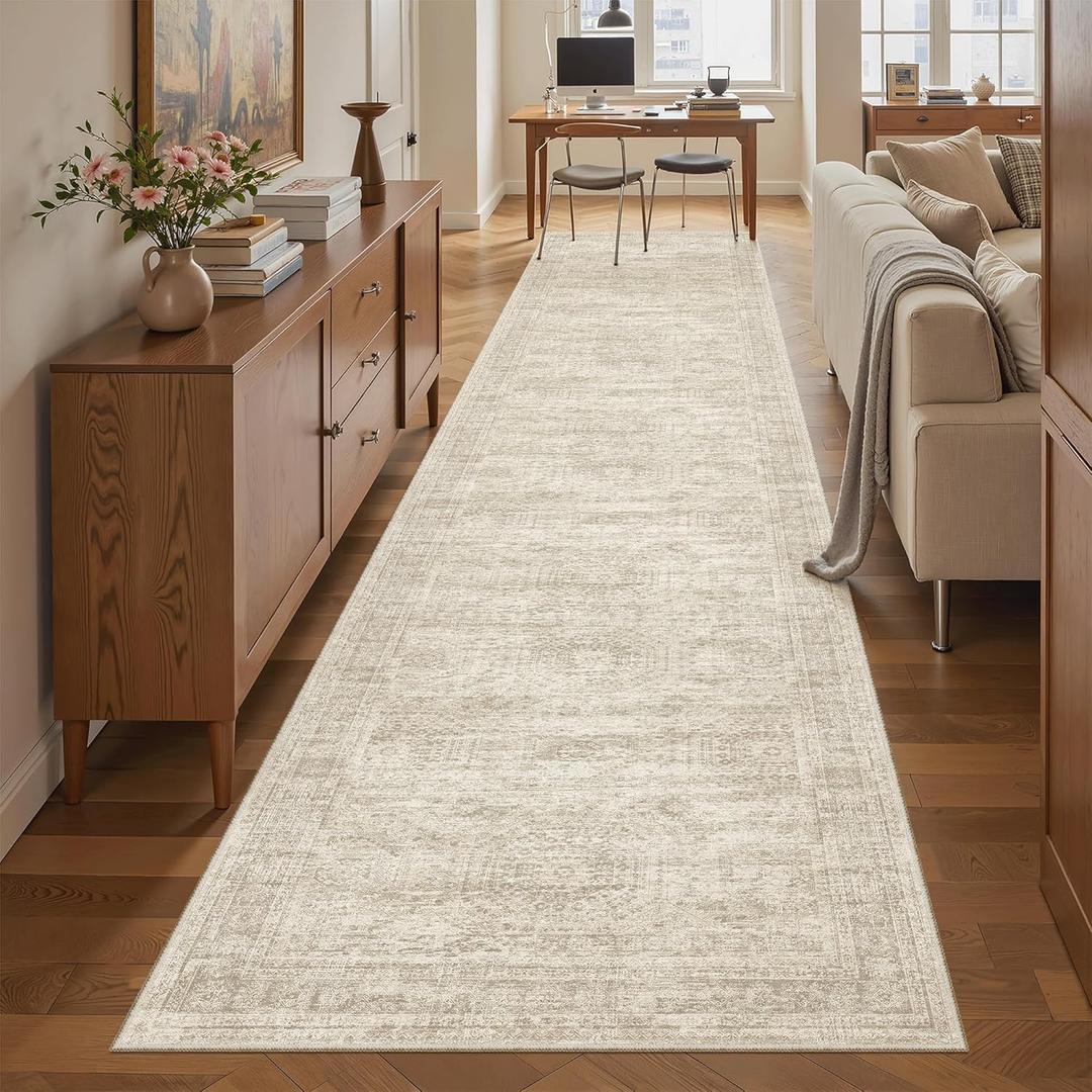 Soalmost Runner Rug 2'6" x 12' Washable Non-Slip Runner Rugs for Kitchen Bathroom Laundry Room Vintage Ultra Thin Runners for Hallway Entryway Beige