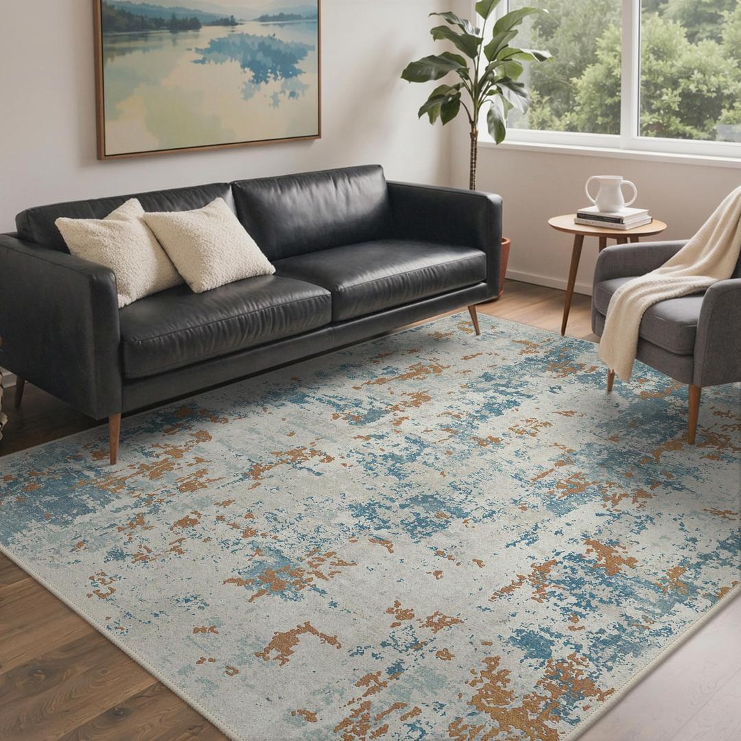 BEIMO Area Rugs 5x7 for Living Room Bedroom, Modern Abstract Machine Washable Rug, Large Soft Low Pile Floor Carpet with Non Slip Backing for Dining Room, Light Cream Blue
