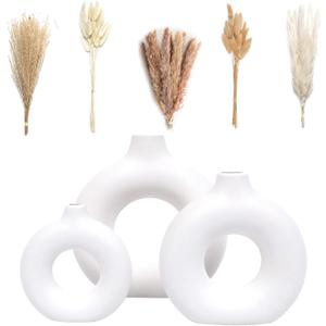 VELOVA Set of 3 White Ceramic Vase with 65 PCS Dried Pampas Grass Flowers Aesthetic Boho Modern Small Round Cute Vases for Decor Living Room Coffee Table Shelf Bedroom Office Desk Home Gifts Women Mom