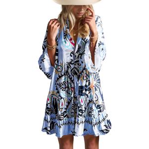 Summer Dresses for Women 2025 Flowy Ruffle 3/4 Sleeve V Neck Tiered Casual Babydoll Boho Beach Mini Dress (X-Large, Blue Tribe)